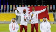 Mutaz Barshim (right) and his father Essa Barshim share a proud moment with their medals after a memorable night at the 4th GCC Games Doha 2026.