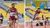 Abderrahman Samba and Bassem Hemeida in action at the men's 400 metres hurdles.
