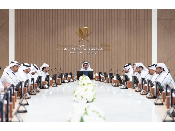 Minister of Commerce and Industry H E Sheikh Faisal bin Thani bin Faisal Al Thani with other officials during the meeting.