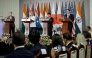 Australian Foreign Minister Penny Wong, India's Foreign Minister Subrahmanyam Jaishankar, Japan Foreign minister Toshimitsu Motegi and US Secretary of State Marco Rubio address a joint press conference after the Quad Foreign Ministers' meeting at the Hyderabad House in New Delhi . (Photo by Julia Demaree Nikhinson / POOL / AFP)
