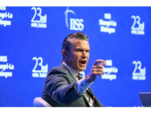 US Secretary of Defence Pete Hegseth speaks during a plenary session of the 23rd Shangri-La Dialogue summit in Singapore on May 30, 2026. (Photo by Jam Sta Rosa / AFP)