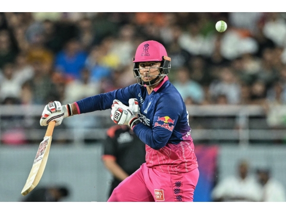 Rajasthan Royals' Indian cricket player Vaibhav Sooryavanshi plays a shot during the 2026 Indian Premier League (IPL) T20 Second Qualifier match at the Maharaja Yadavindra Singh International Cricket Stadium on the outskirts of Chandigarh on May 29, 2026. (Photo by Punit Paranjpe / AFP)