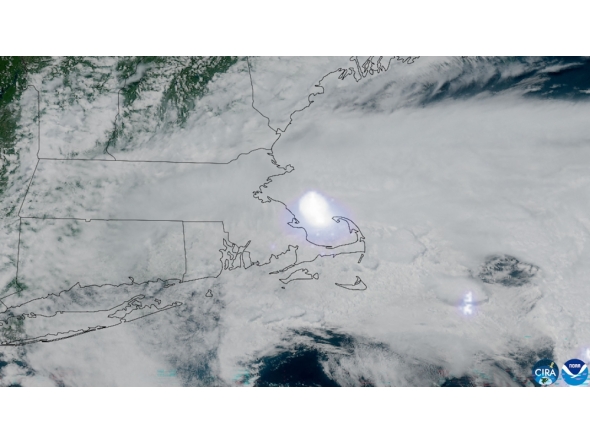 Satellite image handout from the Cooperative Institute for Research in the Atmosphere at Colorado State University and the National Oceanic and Atmospheric Administration (CSU/CIRA and NOAA) taken on May 30, 2026, at 18:06 UTC shows the meteor exploding in the atmosphere. (Photo by Handout / various sources / AFP) 