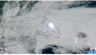 Satellite image handout from the Cooperative Institute for Research in the Atmosphere at Colorado State University and the National Oceanic and Atmospheric Administration (CSU/CIRA and NOAA) taken on May 30, 2026, at 18:06 UTC shows the meteor exploding in the atmosphere. (Photo by Handout / various sources / AFP) 