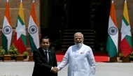 India's Prime Minister Narendra Modi (R) shakes hands with Myanmar's President Min Aung Hlaing before their meeting at the Hyderabad House in New Delhi on June 1, 2026. (Photo by Arun Sankar / AFP)