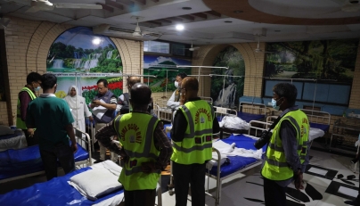 Criminal Investigation Department (CID) officials inspect inside the neonatal ward of Ad-Din hospital in Dhaka on May 27, 2026, after six newborns died in the facility earlier in the day. Photo by Abdul Goni / AFP