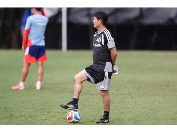 Japan's head coach Hajime Moriyasu takes part in a training session at the Club Monterrey Training Center at El Barrial in Santiago, Nuevo Leon State, Mexico, on June 4, 2026. (Photo by Julio Cesar Aguilar / AFP)