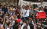 Cockroach Janta Party (CJP) founder Abhijeet Dipke (C, right) shouts slogans during a protest over alleged irregularities in the country's major examinations, in New Delhi on June 6, 2026. (Photo by Arun Sankar / AFP)
 