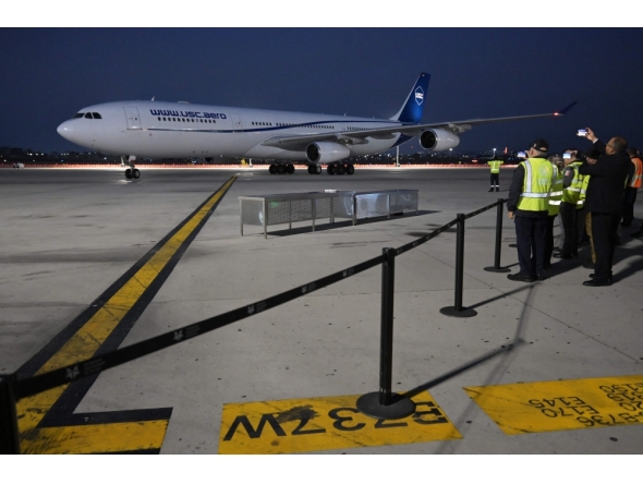 The plane carrying Iran's football team players lands at the Tijuana International Airport in Tijuana, Mexico on June 7, 2026. (Photo by Guillermo Arias / AFP)
