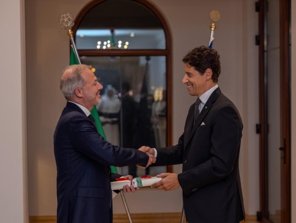 Ambassador of Italy to Qatar  H E Paolo Toschi bestowing the honour of Knight of the Order of Merit of the Italian Republic on Ugo Arzani, the Head of Retail and Consumer at Qatar Investment Authority.  