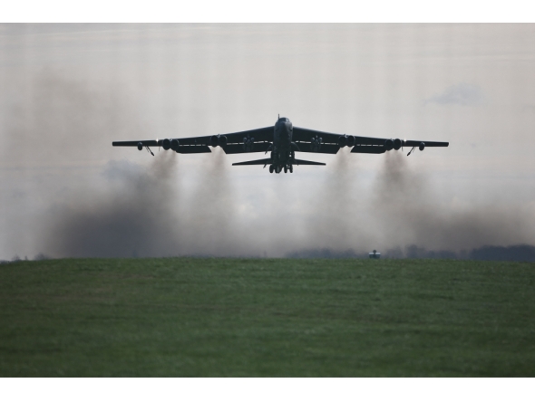 (Files) A US Air Force B-52 Stratofortress bomber takes off from RAF Fairford in south-west England on March 15, 2026. (Photo by Henry Nicholls / AFP)