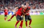 Austria's forward #07 Marko Arnautovic (L), celebrate with Austria's midfielder #17 Carney Chukwuemeka and Austria's midfielder #24 Paul Wanner after scoring a penalty shot during the 2026 World Cup Group J football. Photo by Georg Hochmuth / APA / AFP