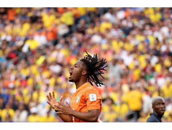 Elye Wahi #12 of Cote d'Ivoire reacts missing a chance during the FIFA World Cup 2026 Group E match between Cote D'Ivoire and Ecuador at Philadelphia Stadium on June 14, 2026 in Philadelphia, Pennsylvania. Darrian Traynor/Getty Images/AFP