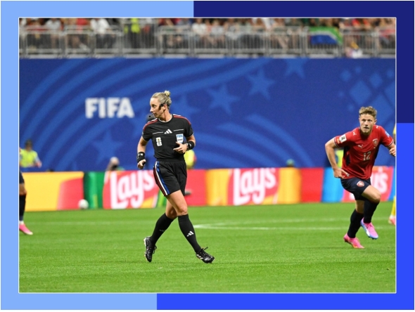 Referee Tori Penso (front) reacts during the group A match between the Czech Republic and South Africa at the 2026 FIFA World Cup at Atlanta Stadium in Atlanta, the United States, June 18, 2026. (Xinhua/Ju Huanzong)
