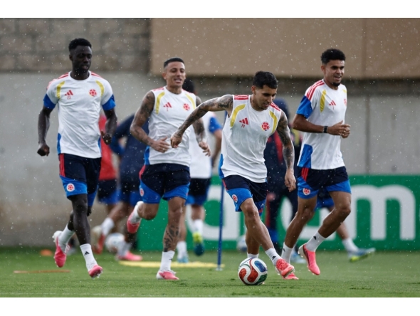 Colombia's midfielder Gustavo Puerta #14 takes part in a training session ahead of the 2026 World Cup match against DR Congo at Academia Atlas FC in Guadalajara on Monday. AFP