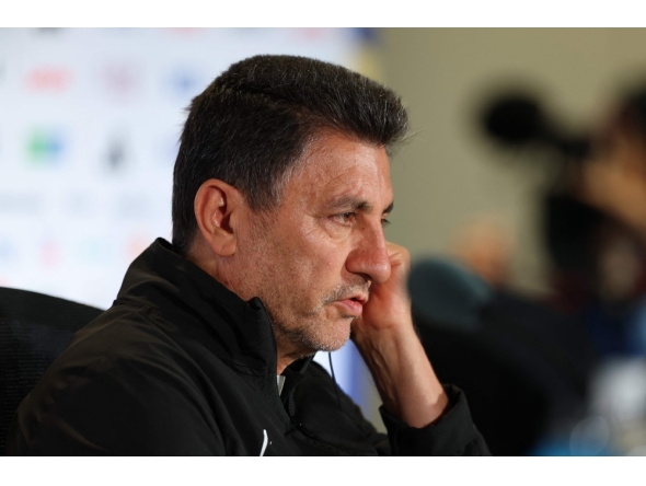 Amir Ghalenoei, head coach of Iran, listens to a question during a press conference one day ahead of the FIFA World Cup 2026 Group G match between Egypt and Iran at Seattle Stadium. Photo by Soobum ImAFP 