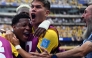Ecuador's midfielder #19 Gonzalo Plata celebrates with teammates scoring his team's second goal during the 2026 World Cup Group E football match between Ecuador and Germany at the New York/New Jersey Stadium in East Rutherford on June 25, 2026. (Photo by MAURO PIMENTEL / AFP)