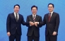 Republic of Korea President Lee Jae Myung (C), Samsung Electronics Chairman Lee Jae-yong (R) and SK Group Chairman Chey Tae-won (L) after a briefing announcement of public-private collaboration projects at the presidential Blue House in Seoul on June 29, 2026. (Photo by Kim Min-Hee / Pool / AFP)