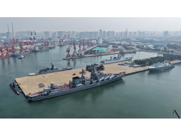An aerial drone photo taken on July 5, 2026 shows a fleet of Russian naval vessels to participate in the 