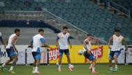 Colombia's Daniel Munoz (left), Luis Diaz (centre), Juan Quintero (second right) and James Rodriguez (right) take part in a training session. (AFP)