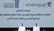 Assistant Undersecretary for Higher Education Affairs at the Ministry, Dr. Hareb Mohamed Aljabri (right) speaking at a press conference yesterday.