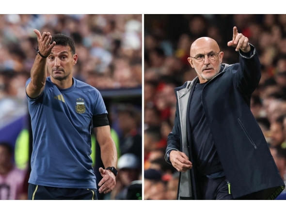 (Combo) This combination of file photos created on July 16, 2026, shows Argentina's head coach Lionel Scaloni in Kansas City on July 11, 2026 (L); and Spain's Spanish coach Luis de la Fuente in Cornella de Llobregat on March 31, 2026. (Photo by Odd Andersen and Lluis Gene / AFP)