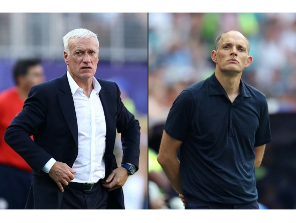This combination of pictures created on July 16, 2026 shows France's head coach Didier Deschamps gesturing at the Philadelphia Stadium in Philadelphia on July 4, 2026, and England's German head coach Thomas Tuchel gesturing at Miami Stadium in Miami Gardens on July 11, 2026. (Photo by Charly Triballeau and Patricia De Melo Moreira / AFP)