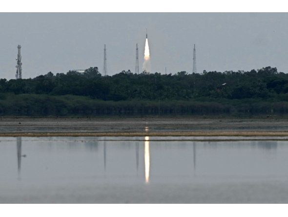 India's Skyroot Aerospace orbital rocket Vikram-1 blasts off from the Satish Dhawan Space Centre in Andhra Pradesh's Sriharikota on July 18, 2026. (Photo by R. Satish BABU / AFP)