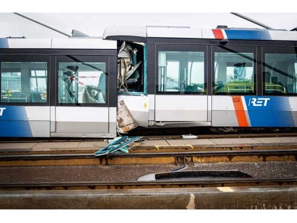 A photograph taken on July 22, 2026 shows the site of an accident involving two trams that collided on the Erasmus Bridge, in Rotterdam, injuring 18 people including two in serious conditions. (Photo by Mitchell de Kwant / ANP / AFP) / Netherlands OUT