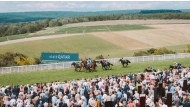 Crowds cheer as horses compete during a race at the 2025 Goodwood Festival.