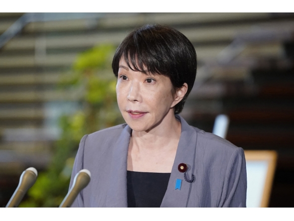 Japanese Prime Minister Sanae Takaichi speaks to the media at the Prime Minister痴 Office, in Tokyo after a 7.1-magnitude earthquake hit southern Japan on July 28, 2026. (Photo by JIJI Press / AFP) / Japan OUT