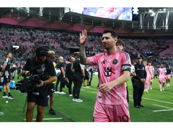 Lionel Messi #10 of Inter Miami CF celebrates scoring his team's third goal during the Leagues Cup Phase One match between Inter Miami CF and Atletico San Luis at Nu Stadium on August 05, 2026 in Miami, Florida.  (Photo by Megan Briggs /Getty Images via AFP)