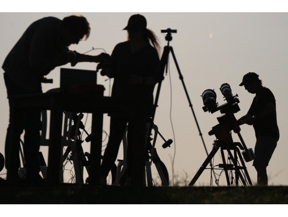 Researchers from San Francisco's Exploratorium museum carry out preparations for the global live broadcast of the upcoming August 12 total solar eclipse, in the abandoned village of Villalibado, near Burgos, northern Spain, on August 10, 2026. Photo by CESAR MANSO / AFP

