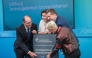 (L-R) German Interior Minister Alexander Dobrindt, German Minister for Research, Technology and Aerospace Dorothee Baer, Saxony-Anhalt's State Premier Sven Schulze and the Chairwoman of the DLR Executive Board Anke Kaysser-Pyzalla take part in the opening of the new Drone Safety Technology Center at the Cochstedt site of the German Aerospace Center (DLR), eastern Germany on August 18, 2026. (Photo by Ronny HARTMANN / AFP)