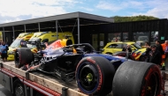 Red Bull Racing's Dutch driver Max Verstappen's car is moved following his crash during the Formula One Dutch Grand Prix at The Circuit Zandvoort, western Netherlands, on August 23, 2026. (Photo by JOHN THYS / AFP)
