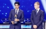 PSG President Nasser Al-Khelaifi (left) speaks after receiving an award from UEFA President Aleksander Ceferin during the draw ceremony yesterday. 