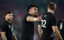 New Zealand's number eight Ardie Savea reacts after his team's victory during the Rugby's Greatest Rivalry international rugby union match between South Africa and New Zealand at Ellis Park Stadium in Johannesburg, on August 22, 2026. (Photo by PHILL MAGAKOE / AFP)