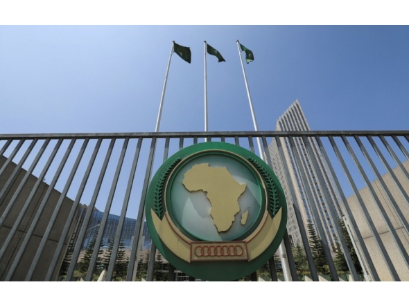 File photo showing the AU logo outside the headquarters building in Addis Ababa, Ethiopia. 