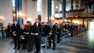Norway's King Haakon VIII (R), Crown Princess Ingrid Alexandra (2ndR), Queen Sonja (2ndL) and Prince Sverre Magnus (L) attend a memorial church service for the late King Harald V at Asker Church in Asker, Norway, on August 30, 2026. Photo by Cornelius Poppe / NTB / AFP