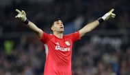 Aston Villa's Argentinian goalkeeper #23 Emiliano Martيnez celebrates his team's second goal during the UEFA Europa League, round of 16 second-leg football match between Aston Villa and Lille LOSC at Villa Park in Birmingham, central England on March 19, 2026. Photo by Darren Staples / AFP 