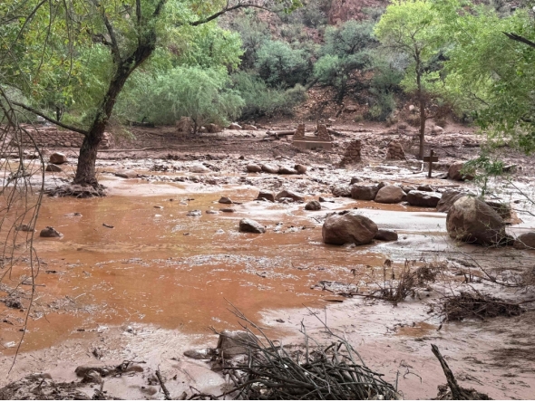 This handout image released by the Grand Canyon National Park Service via X (formerly Twitter) on August 30, 2026 shows remnants of stone bridge pylons along Bright Angel Creek following a flash flood that destroyed the footbridge on August 29. (Photo by J.THOMPSON and Handout / NATIONAL PARK SERVICE / AFP)