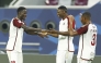 Al Arabi’s Issa Laye (left) celebrates with teammates after scoring against Al Sailiya.  