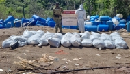 This handout picture released by Mexico’Secretariat of Security and Citizen Protection shows the seizure of synthetic drugs in the villages of Corralejo and Corral Viejo, in Sinaloa state, on September 2, 2026. Photo by HANDOUT / MEXICO'S SECRETARY OF SECURITY AND CIVIL PROTECTION (SSPC) / AFP