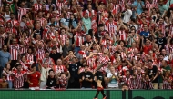 Athletic Bilbao's Spanish midfielder #08 Oihan Sancet celebrates scoring his team's third goal during the Spanish league football match between Athletic Club Bilbao and Club Atletico de Madrid at San Mames Stadium in Bilbao on September 5, 2026. (Photo by ANDER GILLENEA / AFP)