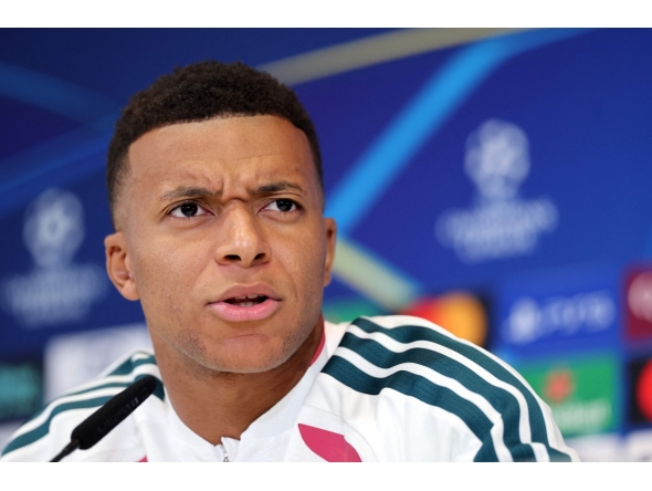 Real Madrid's French forward #10 Kylian Mbappe gives a press conference at the Ciudad Real Madrid training ground in Madrid on September 7, 2026 ahead of the UEFA Champions League first round day 1 football match between Real Madrid and Inter Milan. (Photo by Thomas COEX / AFP)