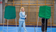 Social Democratic Party leader Magdalena Andersson walks on her way to cast her vote at a polling station in a school during Sweden's general election, in Nacka on September 13, 2026. (Photo by Jonathan Nackstrand / AFP)