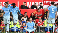Manchester City's Norwegian striker #09 Erling Haaland celebrates scoring the team's first goal during the English Premier League football match between Manchester United and Manchester City at Old Trafford in Manchester, north-west England, on September 13, 2026. (Photo by Paul ELLIS / AFP)