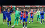(From L) Paris Saint-Germain's French midfielder #14 Desire Doue, Russian goalkeeper #39 Matvey Safonov, Brazilian defender #05 Marquinhos and defender #03 Lucas Digne celebrate their victory at the end of the French L1 football match between Stade Brestois 29 and Paris Saint-Germain (PSG) at the Stade Francis-Le Ble in Brest on September 13, 2026. (Photo by FRED TANNEAU / AFP)