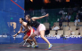 Rachel Arnold (left) and Nour ElSherbini in action during their match yesterday.  