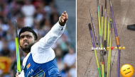Rumesh Tharanga Pathirage in action (left) and photograph of his damaged javelins shared by the sports icon in his Instagram story. 